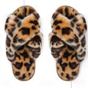 Faux Fur Leopard Print Crisscross Slide Slippers